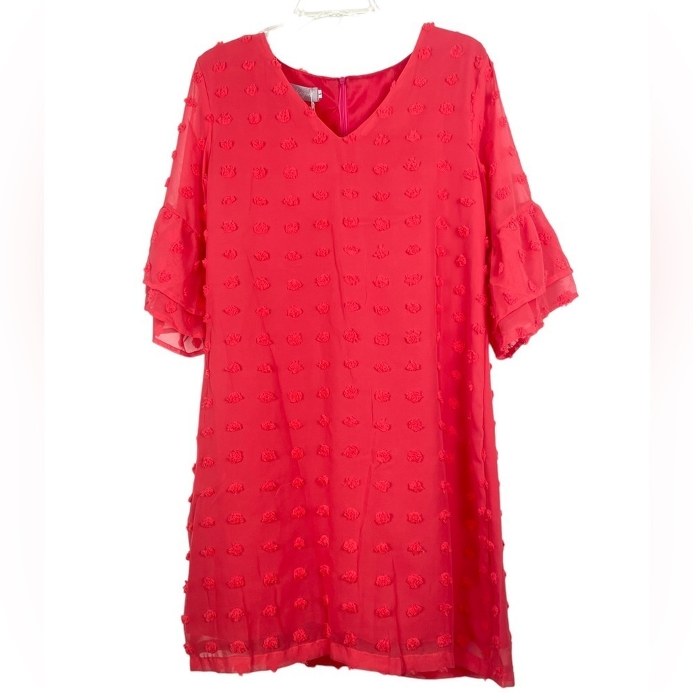 NEW Belongsci Bright Coral Swiss Dot Ruffle Sleeve Mini Dress Size Large - Picture 5 of 16